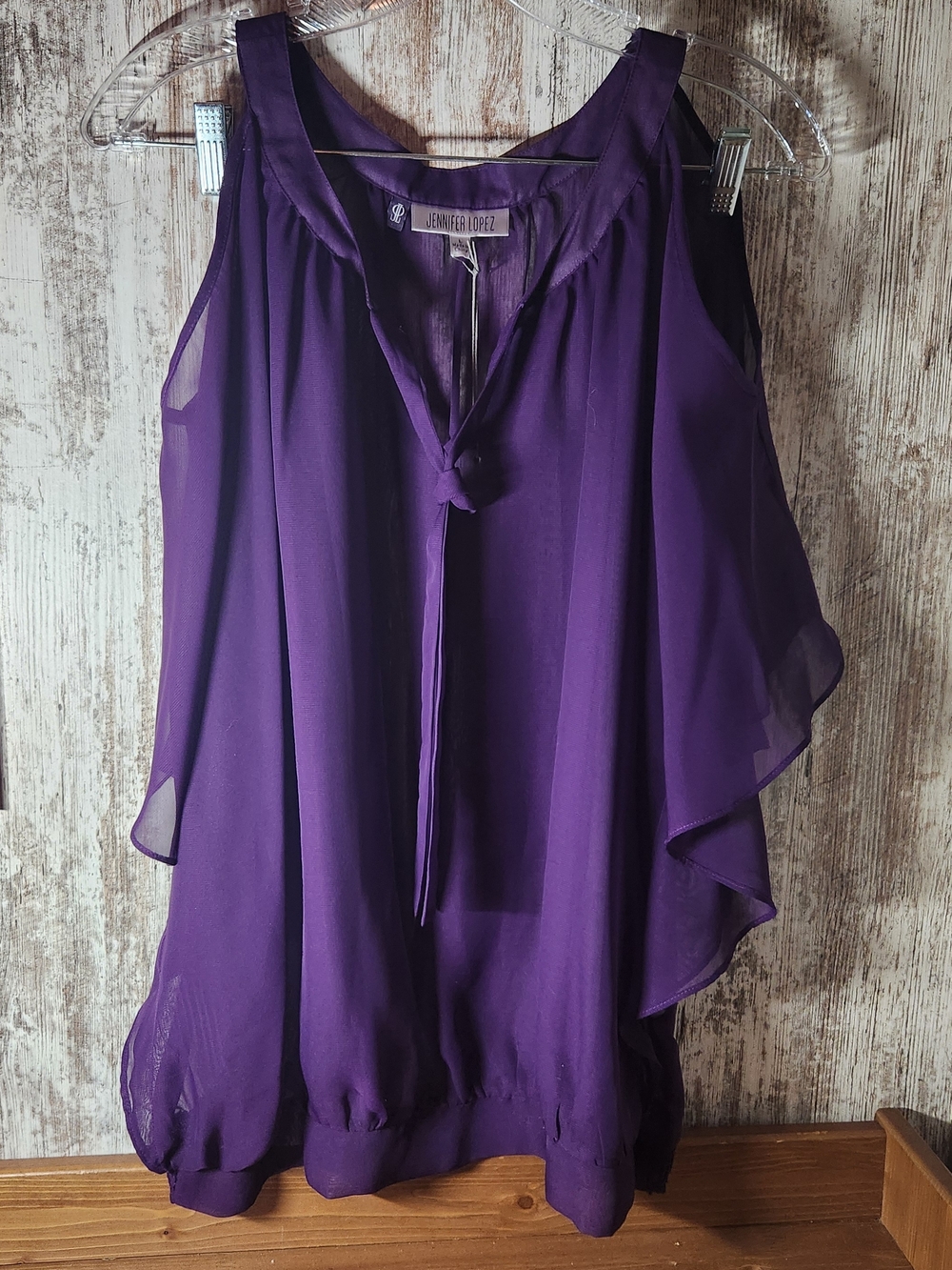 Jennifer Lopez Purple Cold Shoulder Sleeve Tie-Neck Chiffon Blouse Elastic Waist